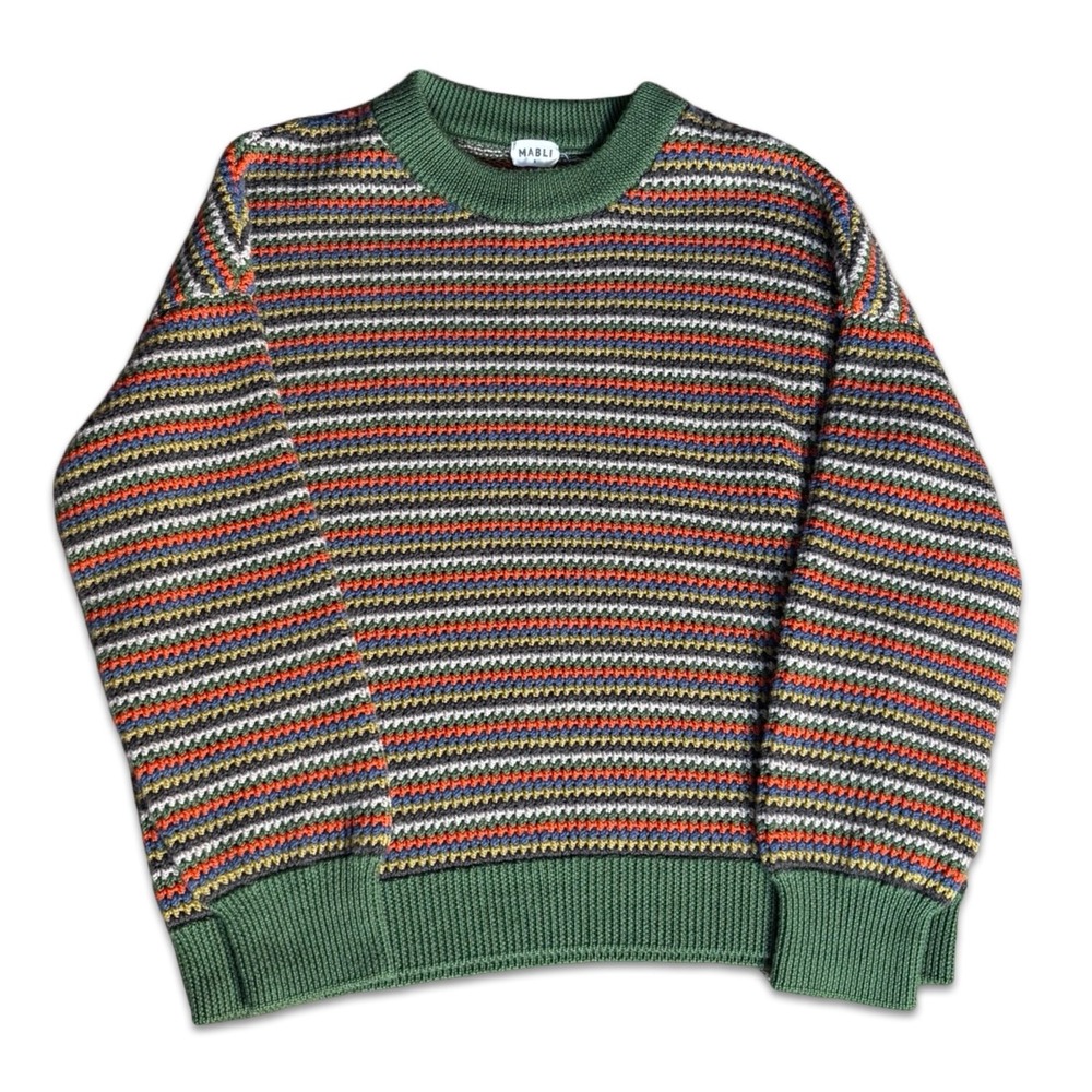 Mabli Wool Striped Crochet Knit Sweater Green Multicolor Crewneck Boho Small